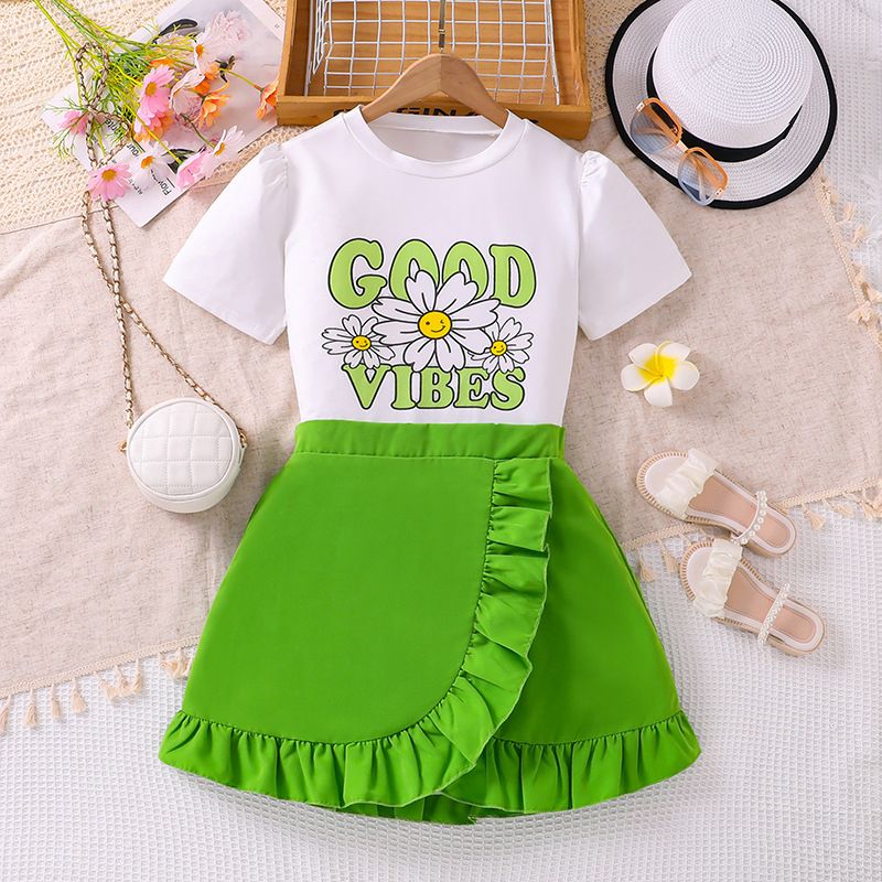 Summer Big Children Suit 2pcs T-shirt and Skirt 2pcs Floral Teenagers Girls Clothes Sets