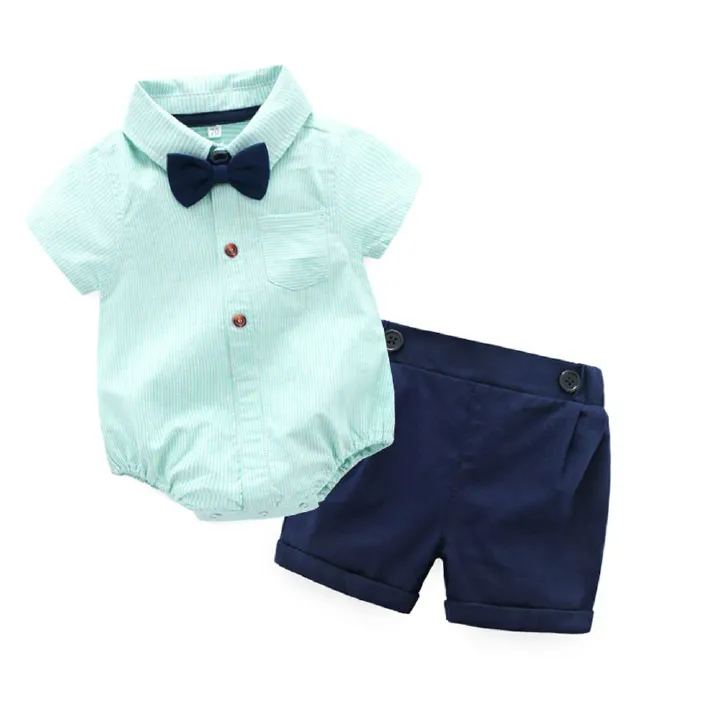 Summer toddler baby boys formal shirts rompers shorts clothes kids bow tie gentleman suit infant overalls baby boy clothing set