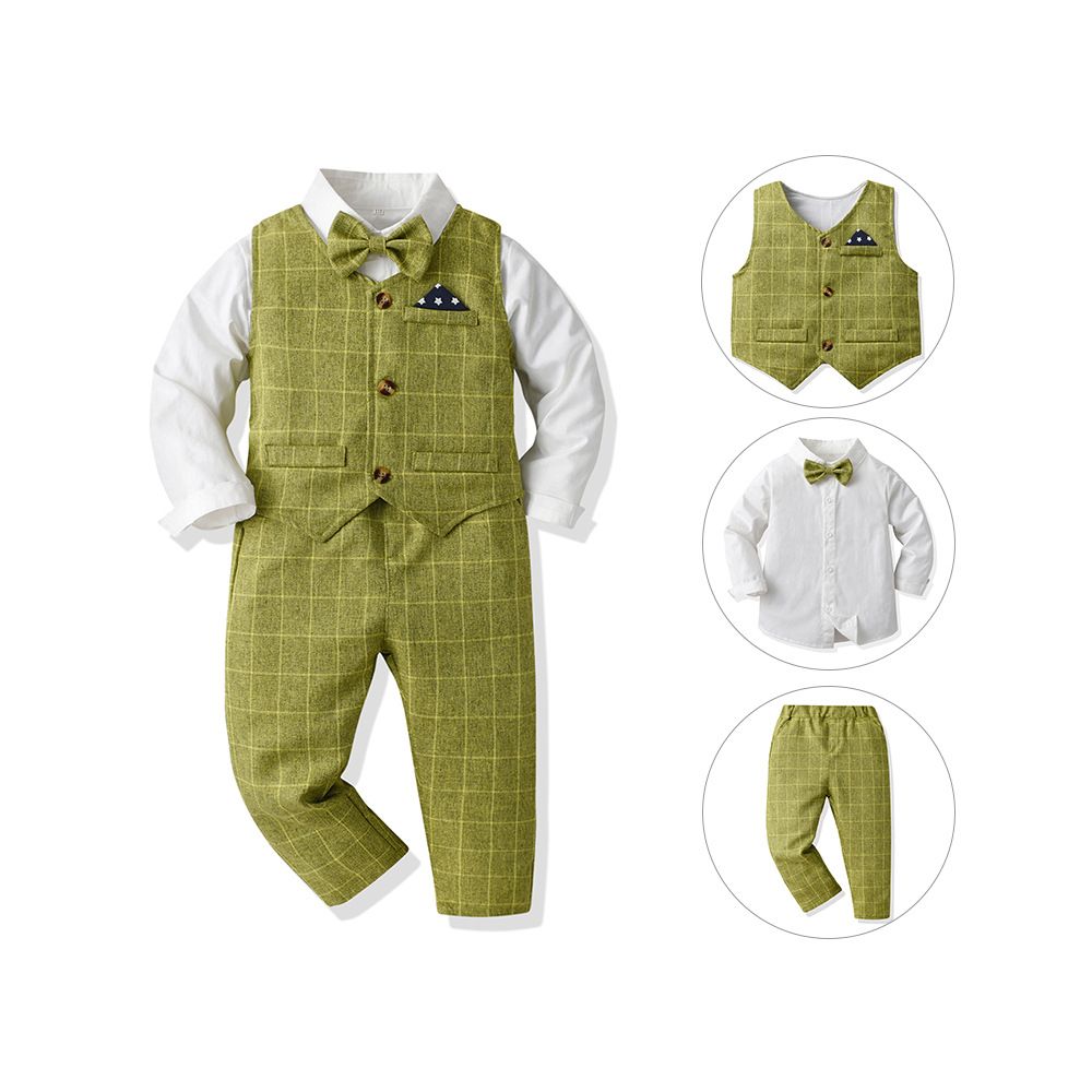 Autumn Baby Boy Gentleman Suit White Shirt with Bow Tie+Striped Vest+Trousers 3Pcs Formal Kids Clothes