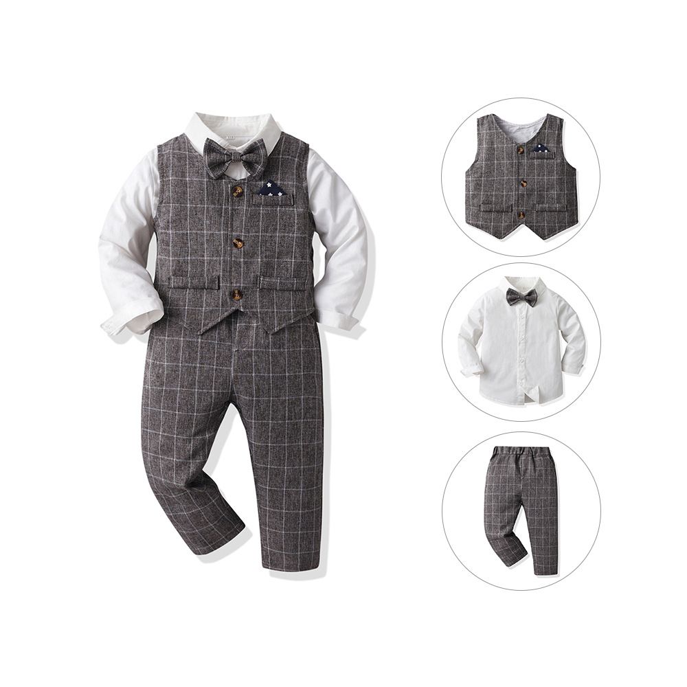 Autumn Baby Boy Gentleman Suit White Shirt with Bow Tie+Striped Vest+Trousers 3Pcs Formal Kids Clothes