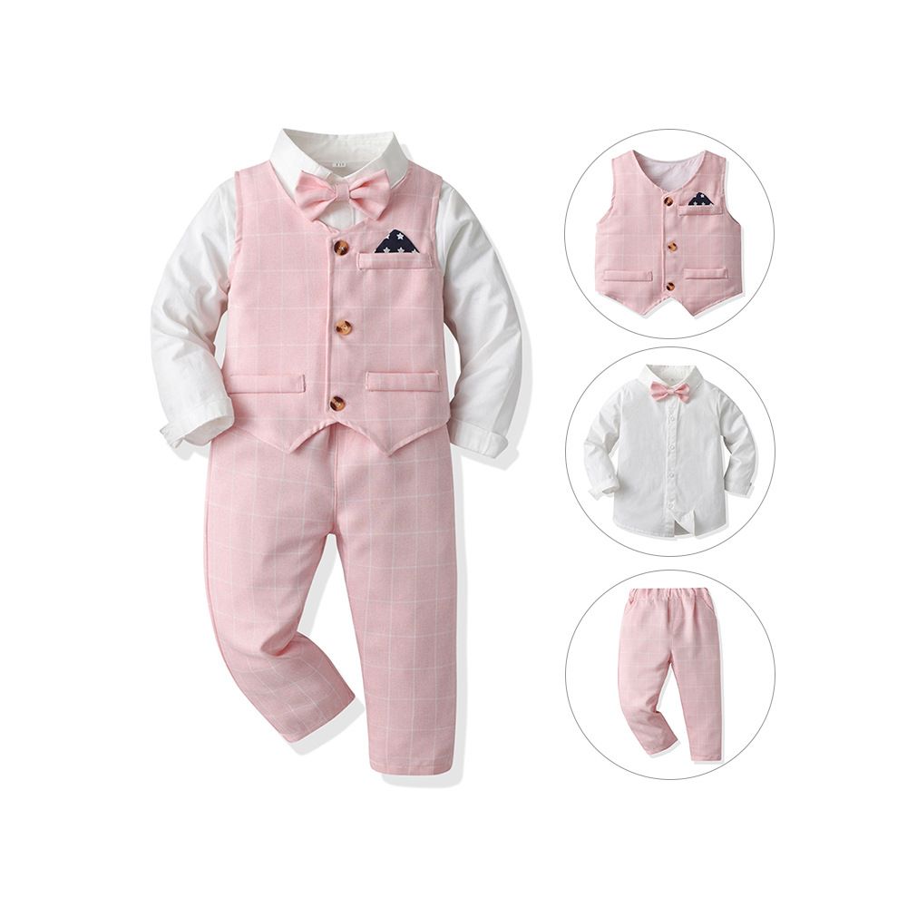 Autumn Baby Boy Gentleman Suit White Shirt with Bow Tie+Striped Vest+Trousers 3Pcs Formal Kids Clothes