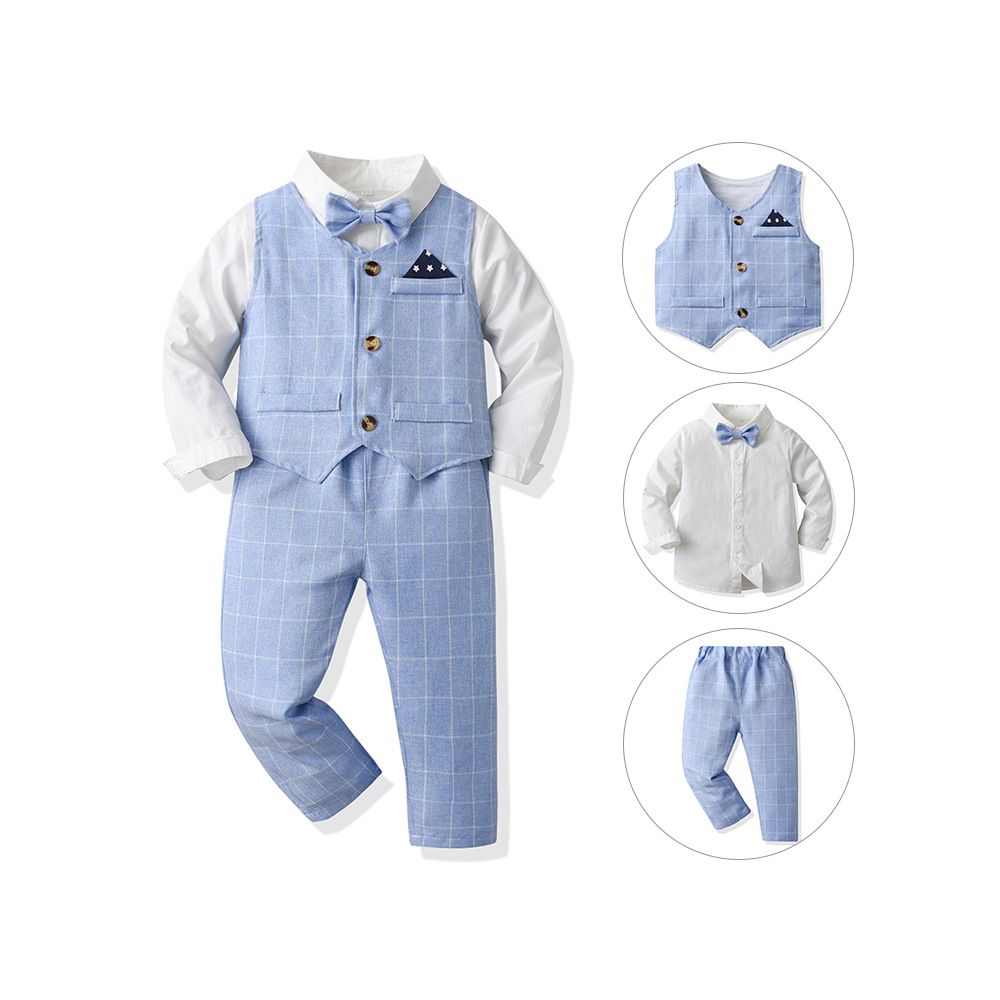 Autumn Baby Boy Gentleman Suit White Shirt with Bow Tie+Striped Vest+Trousers 3Pcs Formal Kids Clothes