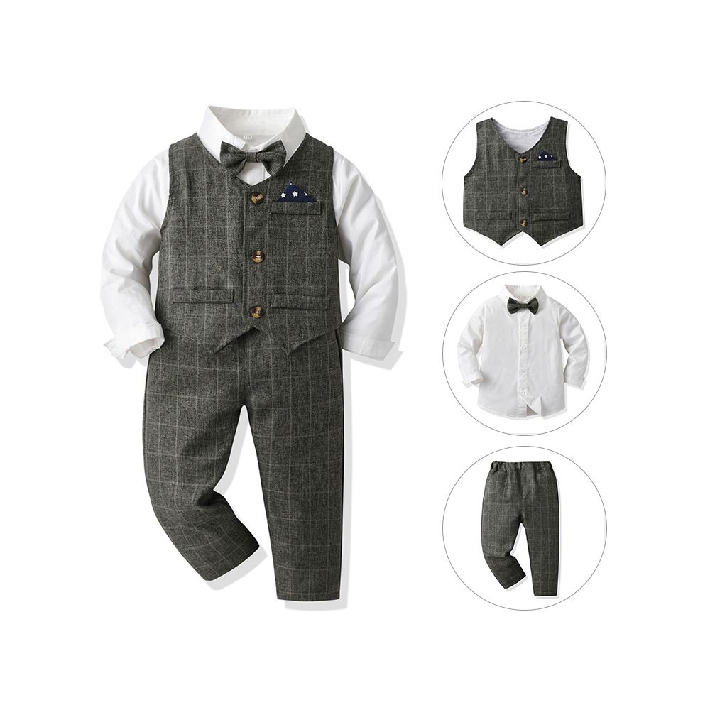 Autumn Baby Boy Gentleman Suit White Shirt with Bow Tie+Striped Vest+Trousers 3Pcs Formal Kids Clothes