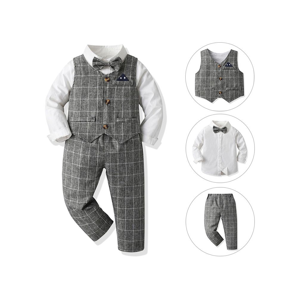 Autumn Baby Boy Gentleman Suit White Shirt with Bow Tie+Striped Vest+Trousers 3Pcs Formal Kids Clothes