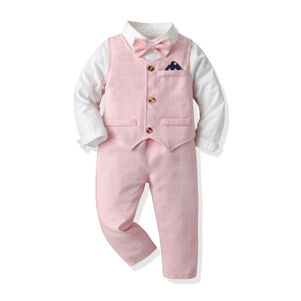 Autumn Baby Boy Gentleman Suit White Shirt with Bow Tie+Striped Vest+Trousers 3Pcs Formal Kids Clothes