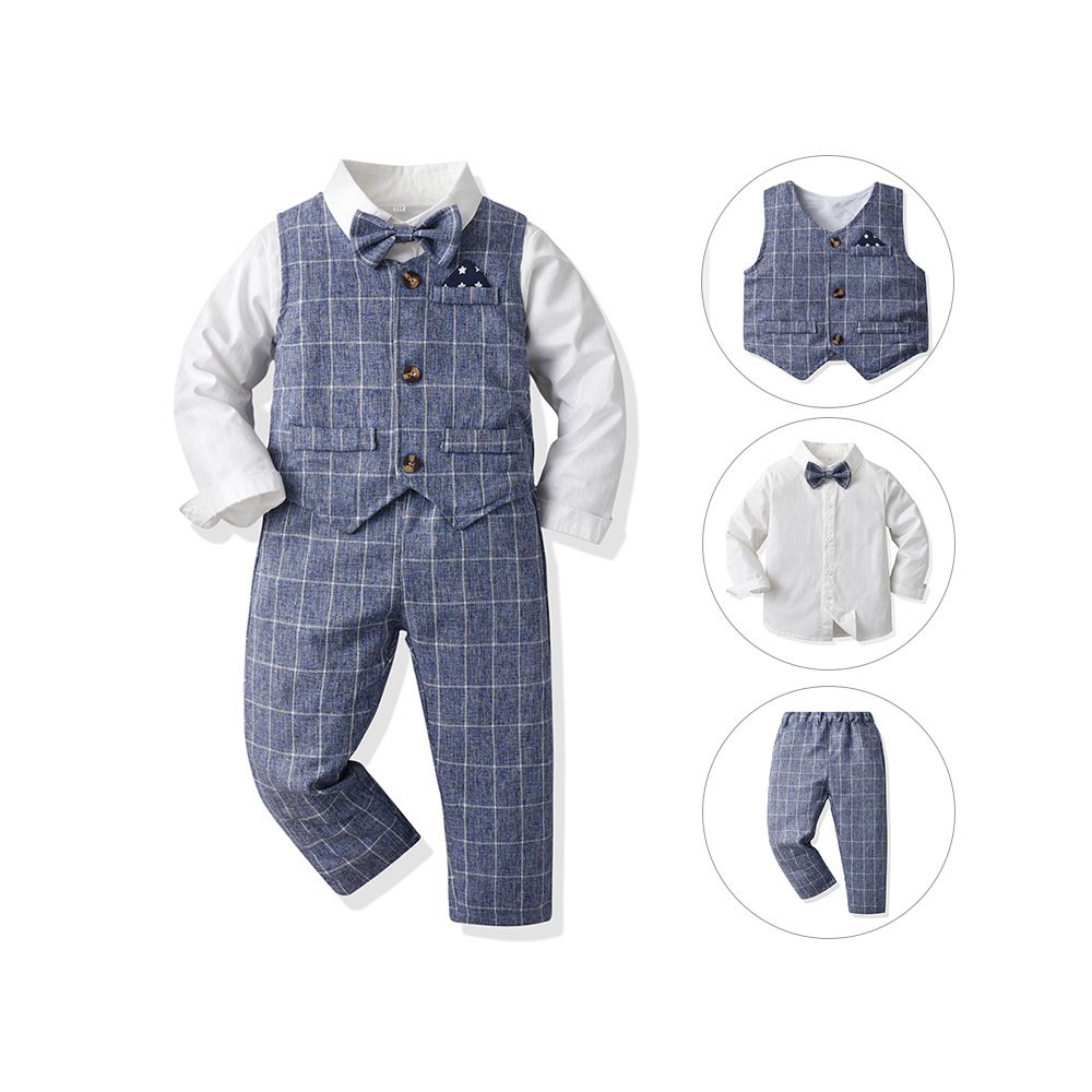 Autumn Baby Boy Gentleman Suit White Shirt with Bow Tie+Striped Vest+Trousers 3Pcs Formal Kids Clothes