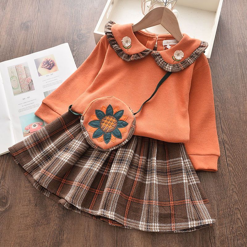 Autumn Baby Clothing Sets Girl Long Sleeve Sweater Pan Collar+plaid Skirt 2 Pcs Dress Set Fall Toddler Clothes Girls
