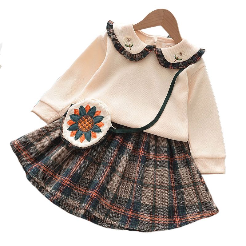 Autumn Baby Clothing Sets Girl Long Sleeve Sweater Pan Collar+plaid Skirt 2 Pcs Dress Set Fall Toddler Clothes Girls