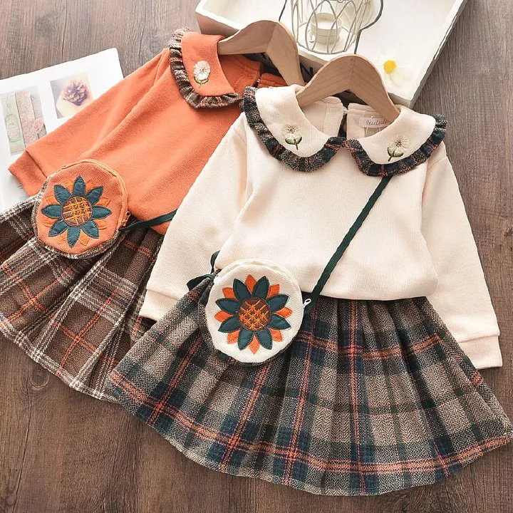 Autumn Baby Clothing Sets Girl Long Sleeve Sweater Pan Collar+plaid Skirt 2 Pcs Dress Set Fall Toddler Clothes Girls