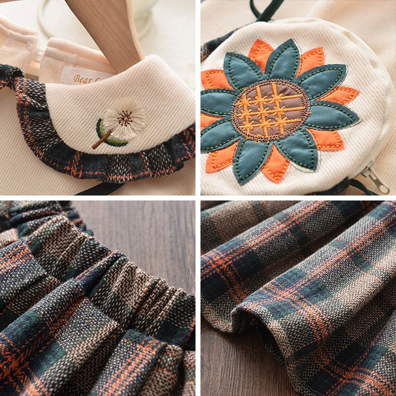 Autumn Baby Clothing Sets Girl Long Sleeve Sweater Pan Collar+plaid Skirt 2 Pcs Dress Set Fall Toddler Clothes Girls