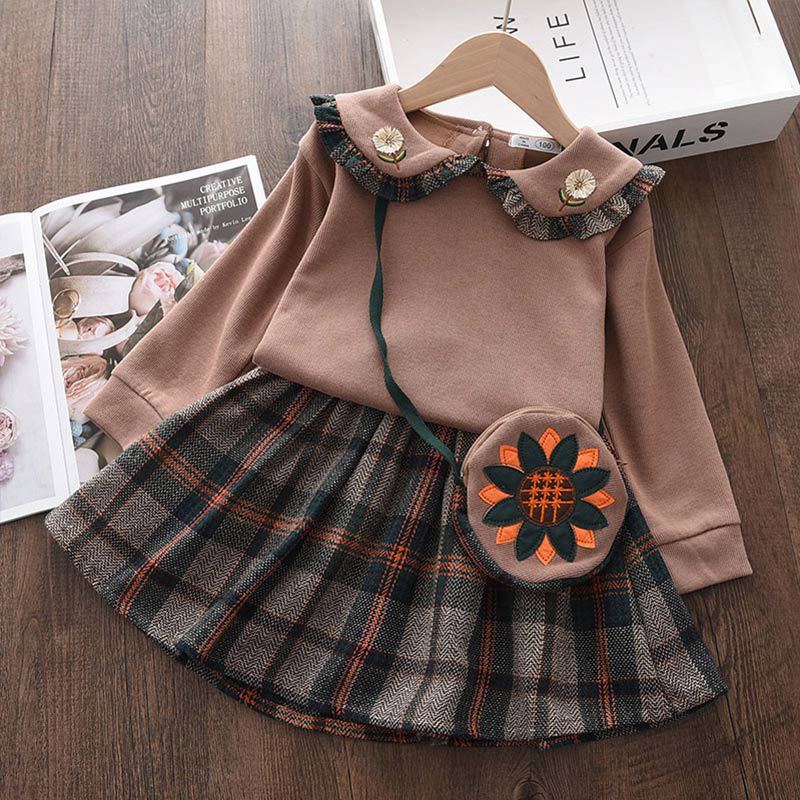Autumn Baby Clothing Sets Girl Long Sleeve Sweater Pan Collar+plaid Skirt 2 Pcs Dress Set Fall Toddler Clothes Girls