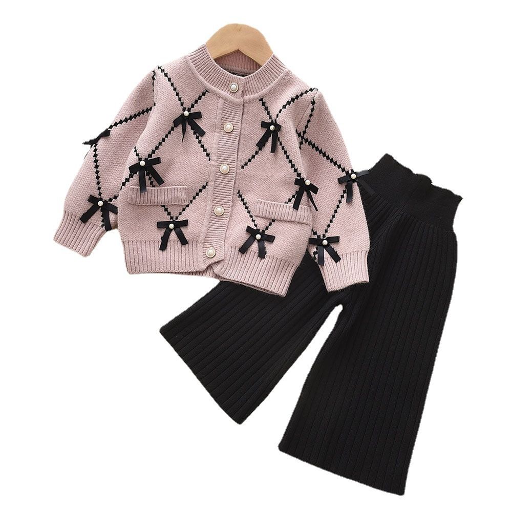 Fashion Luxury Knitted Bow Cardigan Black Trousers 2pcs Baby Clothing Set Sweet Girls Clothing Sweater Kids Winter Clothing