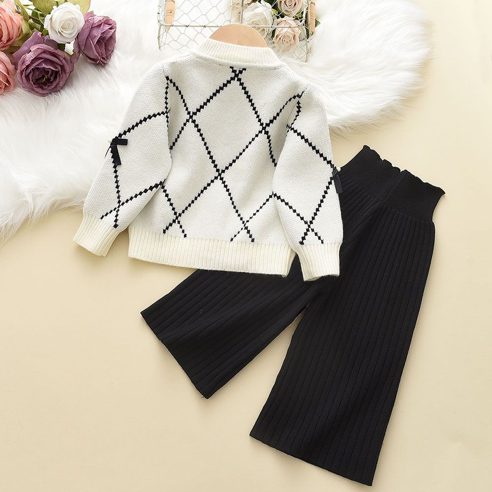 Fashion Luxury Knitted Bow Cardigan Black Trousers 2pcs Baby Clothing Set Sweet Girls Clothing Sweater Kids Winter Clothing