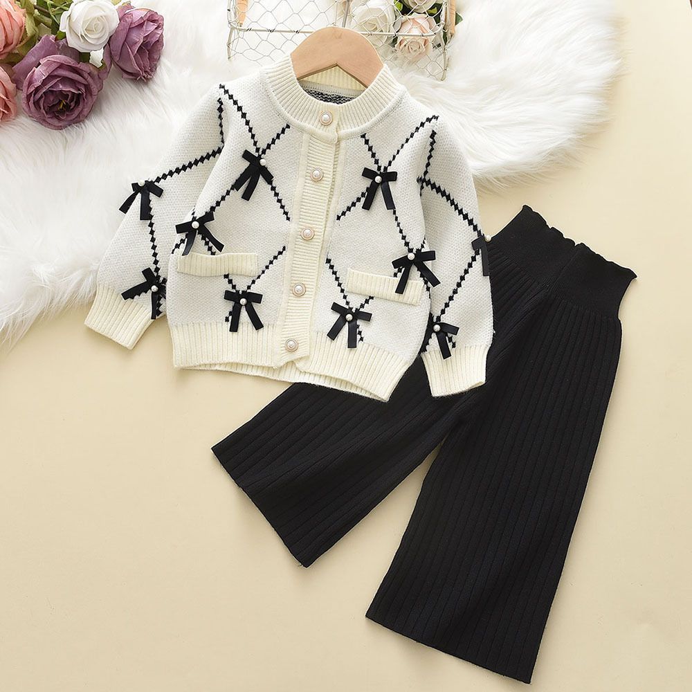 Fashion Luxury Knitted Bow Cardigan Black Trousers 2pcs Baby Clothing Set Sweet Girls Clothing Sweater Kids Winter Clothing