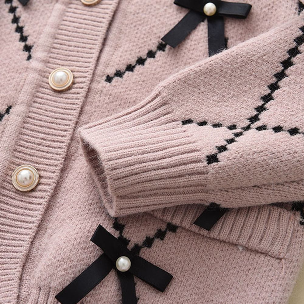 Fashion Luxury Knitted Bow Cardigan Black Trousers 2pcs Baby Clothing Set Sweet Girls Clothing Sweater Kids Winter Clothing
