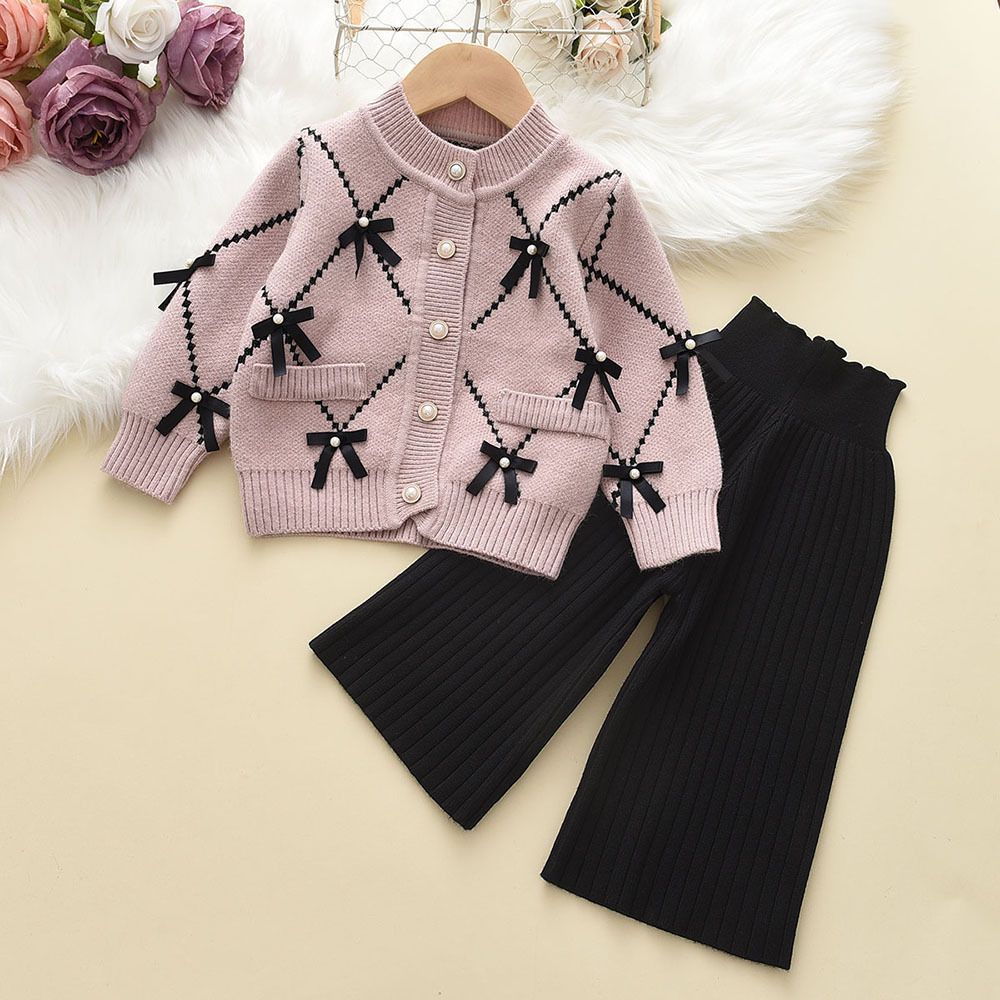 Fashion Luxury Knitted Bow Cardigan Black Trousers 2pcs Baby Clothing Set Sweet Girls Clothing Sweater Kids Winter Clothing