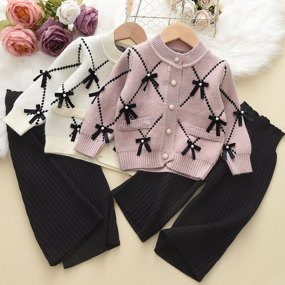 Fashion Luxury Knitted Bow Cardigan Black Trousers 2pcs Baby Clothing Set Sweet Girls Clothing Sweater Kids Winter Clothing