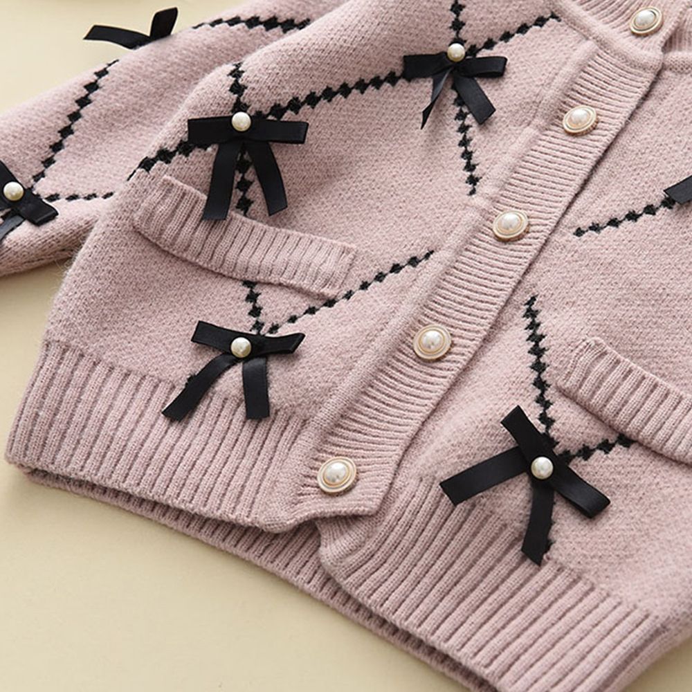 Fashion Luxury Knitted Bow Cardigan Black Trousers 2pcs Baby Clothing Set Sweet Girls Clothing Sweater Kids Winter Clothing