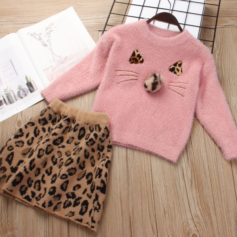 Casual Baby Girls Leopard Sweater Skirt Two Piece Set Woollen Set Long Sleeve Kids Clothes Knit Top Coat Children's Clothing