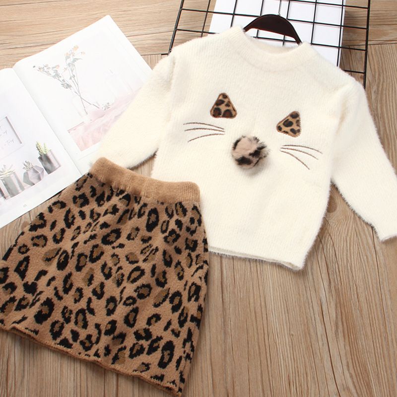 Casual Baby Girls Leopard Sweater Skirt Two Piece Set Woollen Set Long Sleeve Kids Clothes Knit Top Coat Children's Clothing