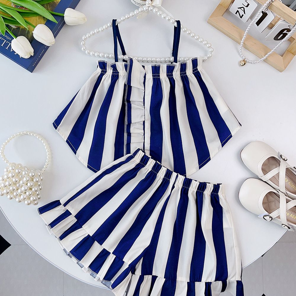 New Fashion Toddler Girl 2 pcs Outfit Set Cute Blue White Striped Sleeveless Crop Top + Shorts 2-6 Years