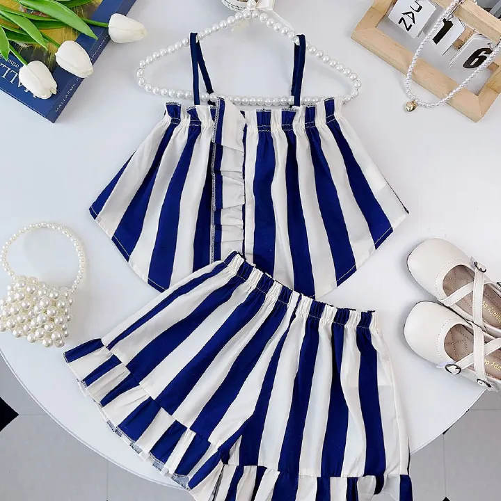New Fashion Toddler Girl 2 pcs Outfit Set Cute Blue White Striped Sleeveless Crop Top + Shorts 2-6 Years