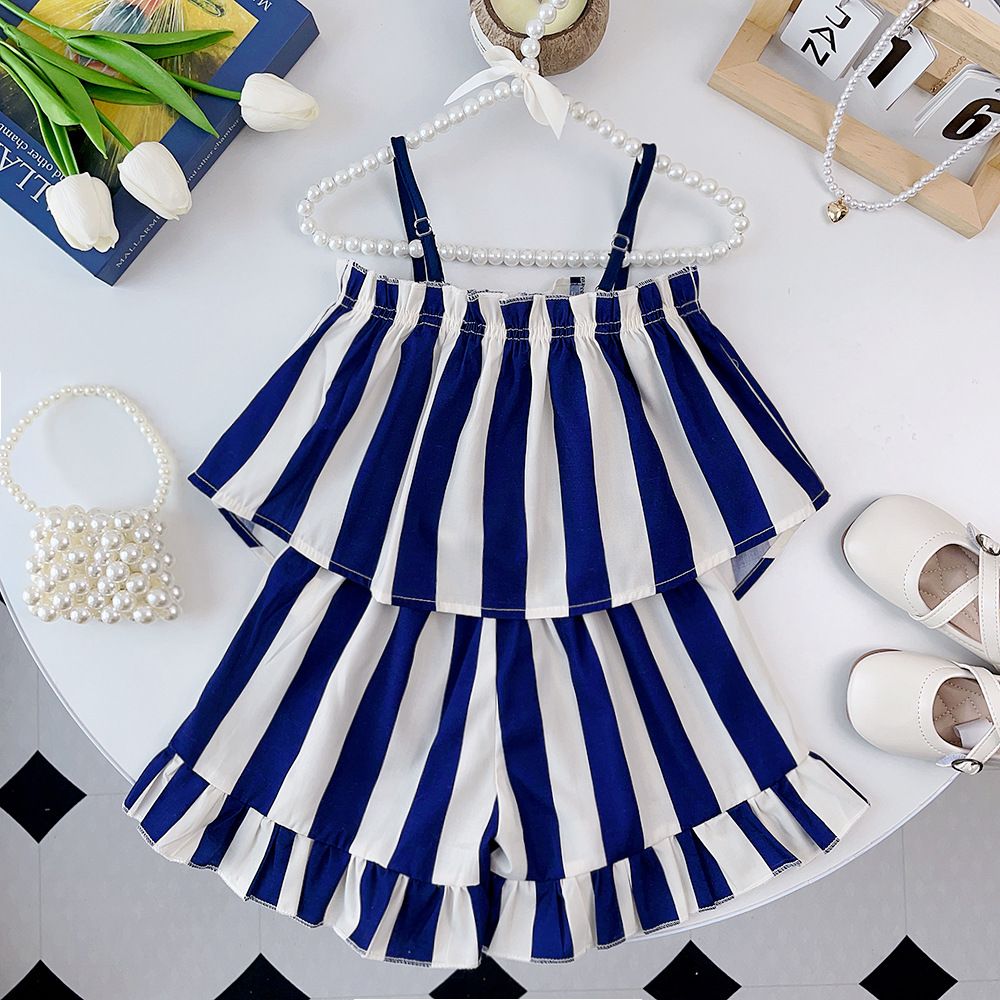 New Fashion Toddler Girl 2 pcs Outfit Set Cute Blue White Striped Sleeveless Crop Top + Shorts 2-6 Years