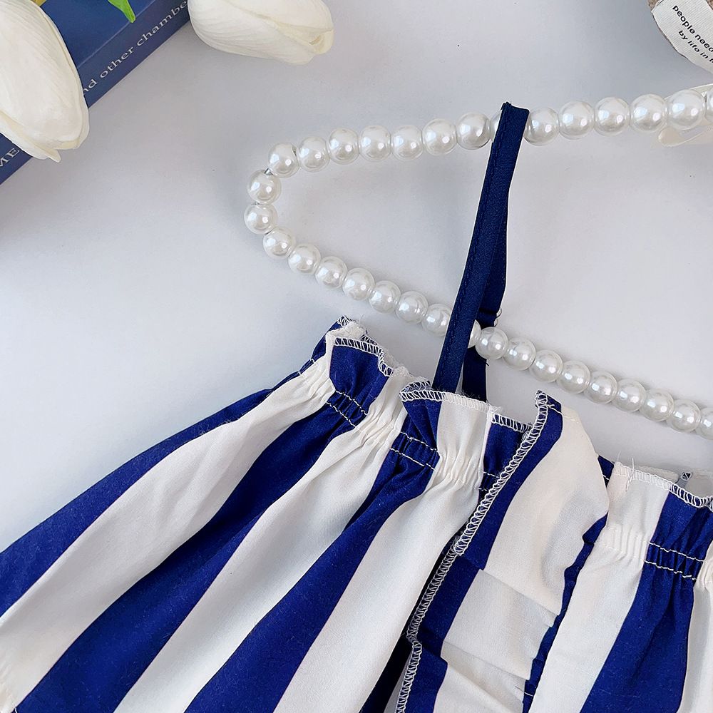 New Fashion Toddler Girl 2 pcs Outfit Set Cute Blue White Striped Sleeveless Crop Top + Shorts 2-6 Years