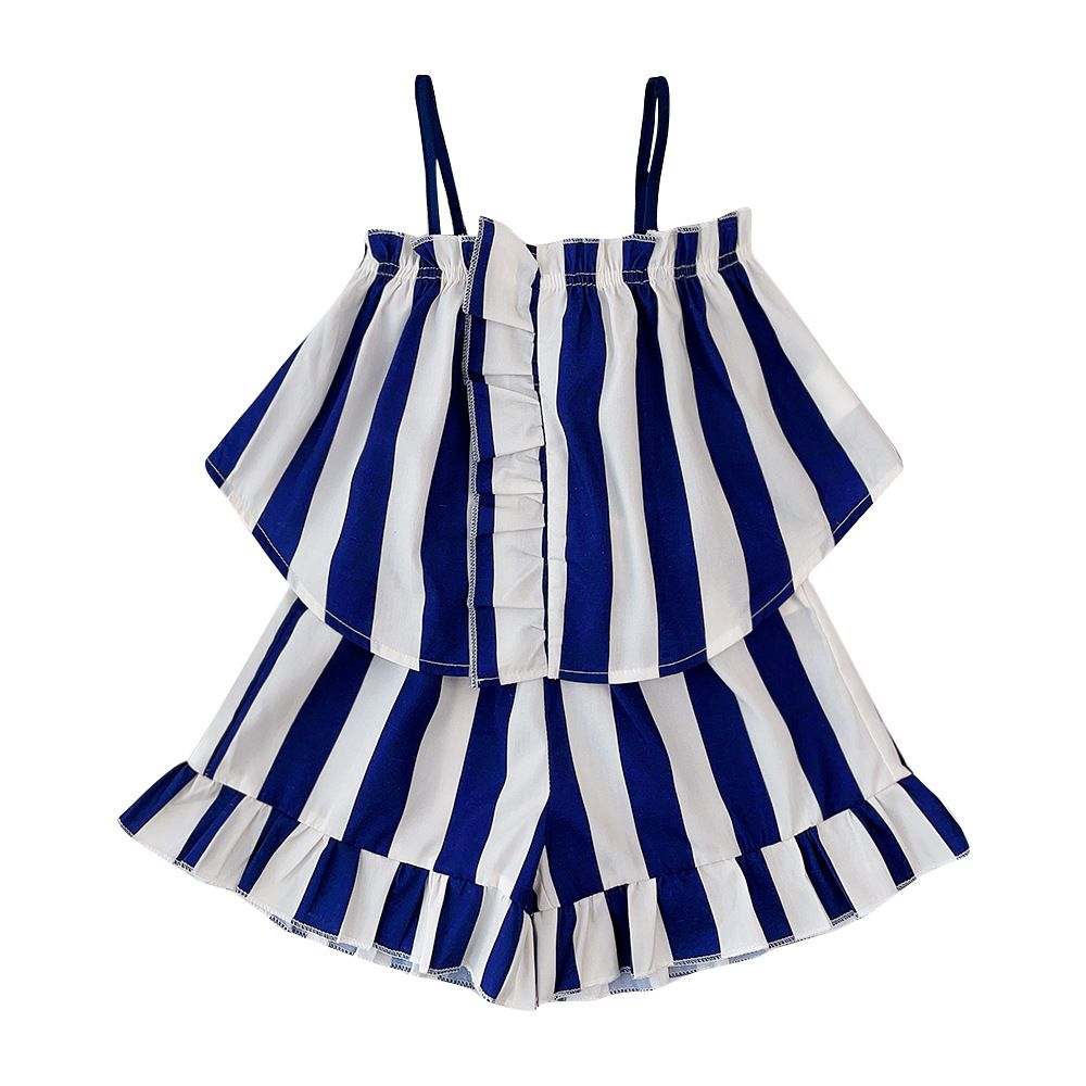 New Fashion Toddler Girl 2 pcs Outfit Set Cute Blue White Striped Sleeveless Crop Top + Shorts 2-6 Years