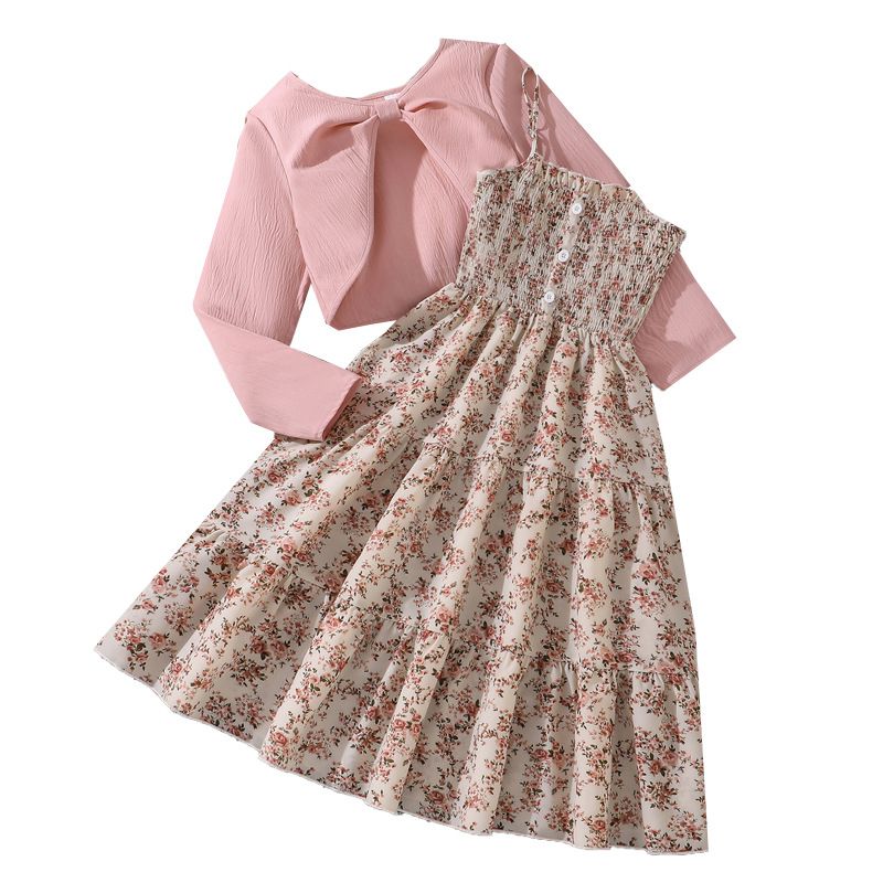 Women's Teenager's Suit Autumn New Sweet Floral Sling Dress Long Sleeve Coat Children's Wear  Sets