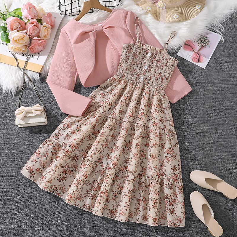 Women's Teenager's Suit Autumn New Sweet Floral Sling Dress Long Sleeve Coat Children's Wear  Sets