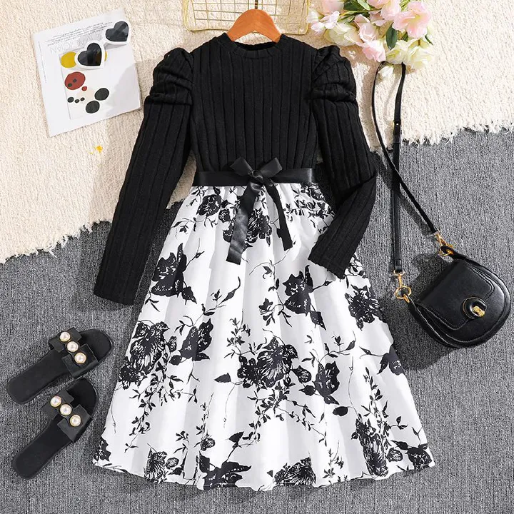Autumn Winter Casual Teenage Girl Clothes Long Sleeve Round Neck Floral Patchwork Vintage Dresses Kids Princess Dress