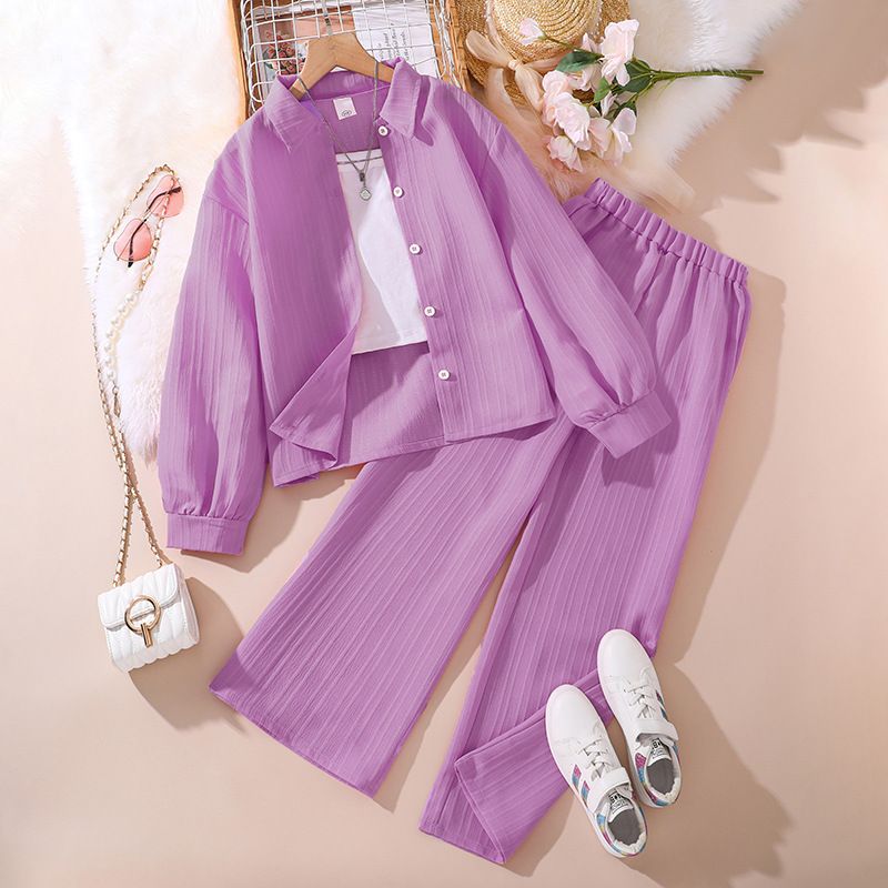 8-12 years old Wholesale Children's Clothing Spring Summer Girls Clothing Sets Kids Long Sleeve Solid Top and Pant 2 Piece Set