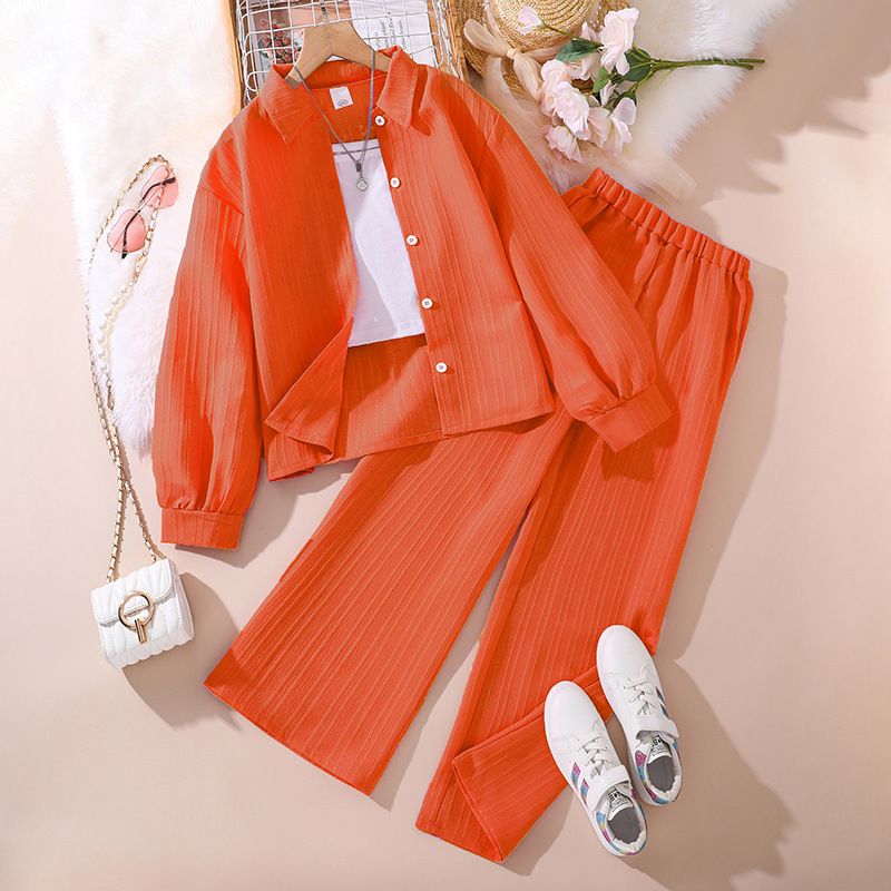 8-12 years old Wholesale Children's Clothing Spring Summer Girls Clothing Sets Kids Long Sleeve Solid Top and Pant 2 Piece Set