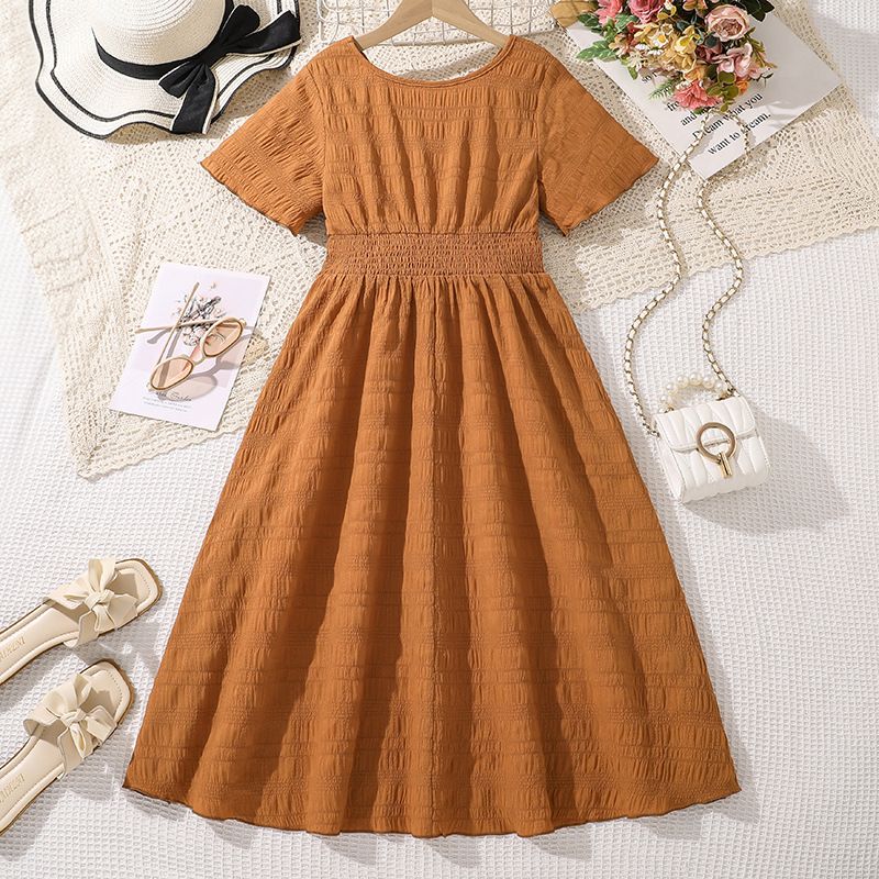 8-12Years summer Teenage Girls Dresses short sleeve girl ruffle dress solid color Baby Girls  Dresses