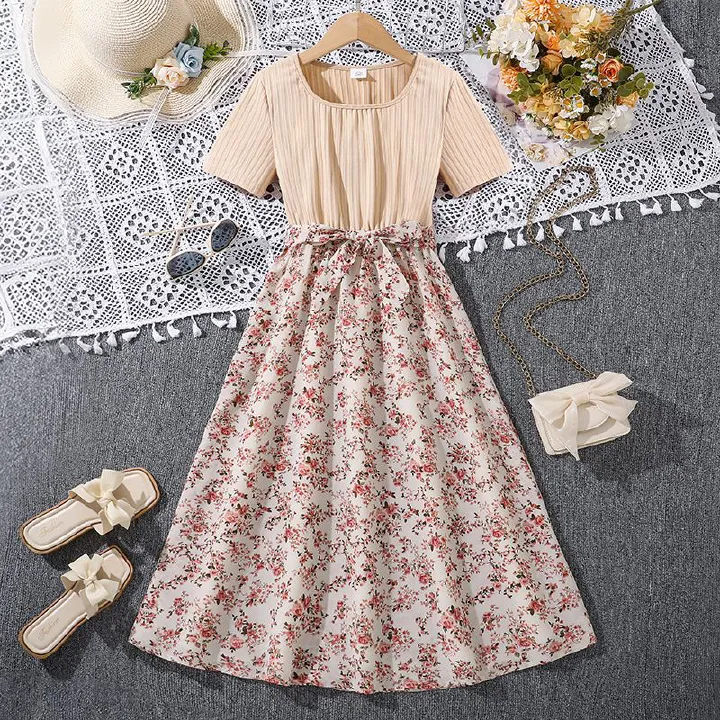 Women's Teenager's Suit Autumn New Sweet Floral Sling Dress Long Sleeve Coat Children's Wear Dress