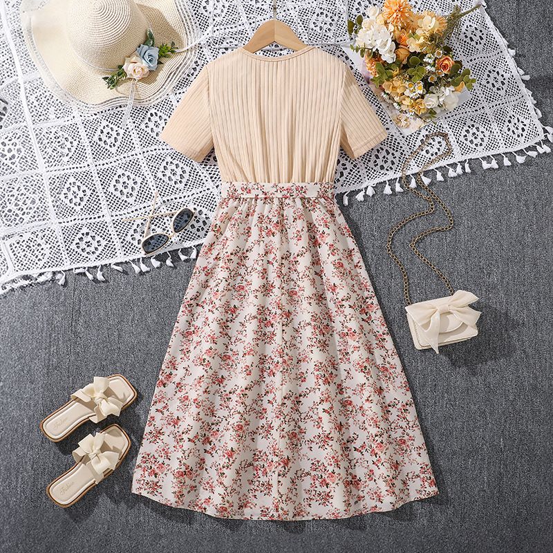 Women's Teenager's Suit Autumn New Sweet Floral Sling Dress Long Sleeve Coat Children's Wear Dress
