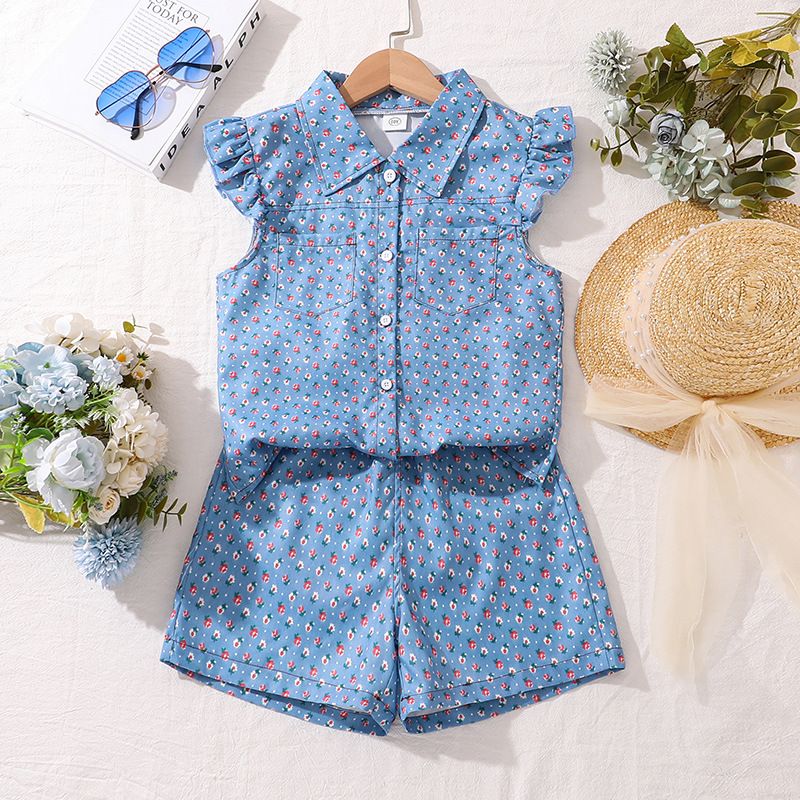 Children's summer girls' new suit denim floral lapel small shirt plus shorts two hot models Clothing Sets