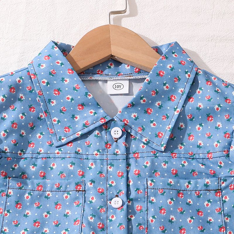 Children's summer girls' new suit denim floral lapel small shirt plus shorts two hot models Clothing Sets