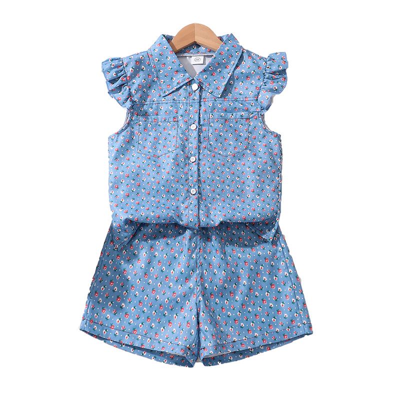 Children's summer girls' new suit denim floral lapel small shirt plus shorts two hot models Clothing Sets