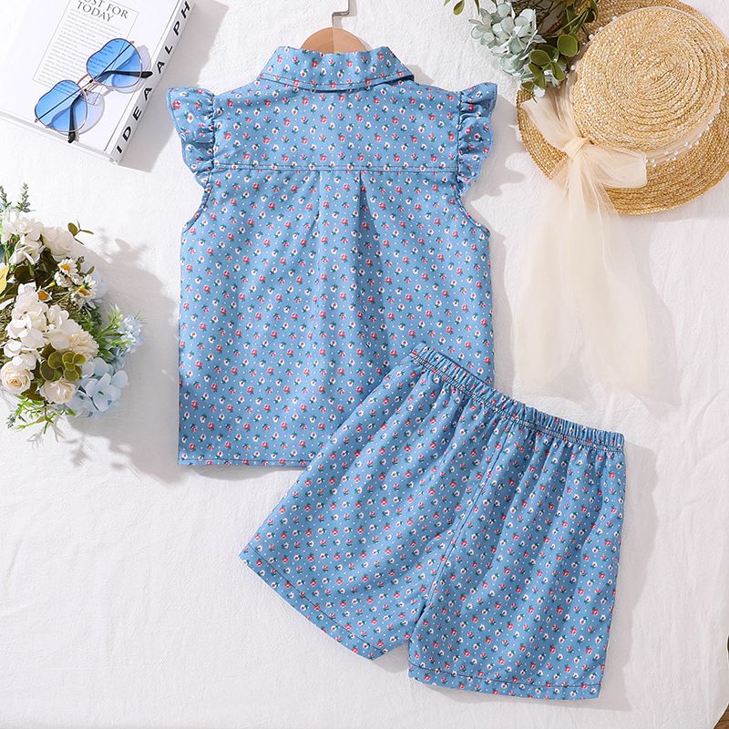 Children's summer girls' new suit denim floral lapel small shirt plus shorts two hot models Clothing Sets