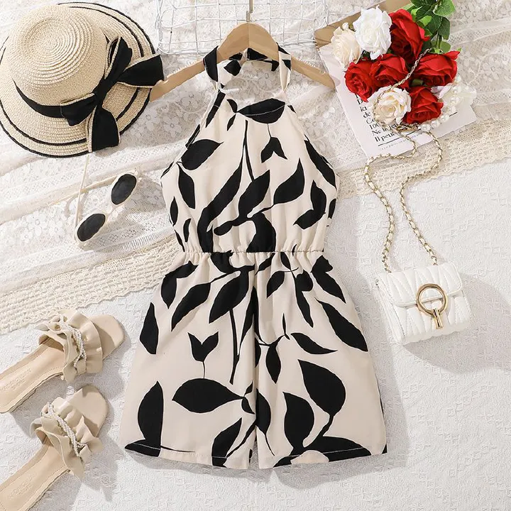 Summer Kids Clothing Holiday Teenage Clothes Chic Print Halter-waist Princess Girls Dresses  Jumpsuits  Rompers
