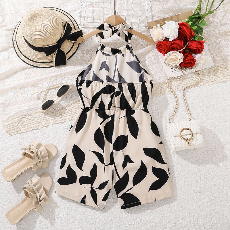 Summer Kids Clothing Holiday Teenage Clothes Chic Print Halter-waist Princess Girls Dresses  Jumpsuits  Rompers