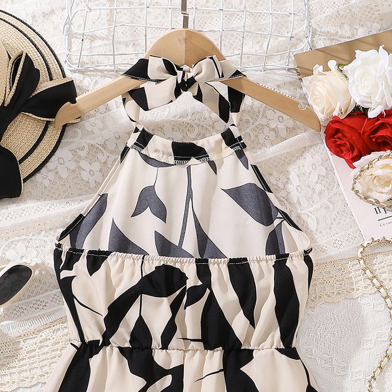 Summer Kids Clothing Holiday Teenage Clothes Chic Print Halter-waist Princess Girls Dresses  Jumpsuits  Rompers