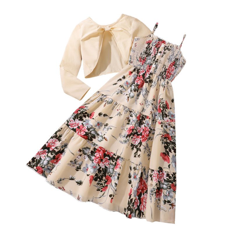 Women's Teenager's Suit Autumn New Sweet Floral Sling Dress Long Sleeve Coat Children's Wear Clothing Sets