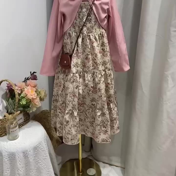 Women's Teenager's Suit Autumn New Sweet Floral Sling Dress Long Sleeve Coat Children's Wear Clothing Sets