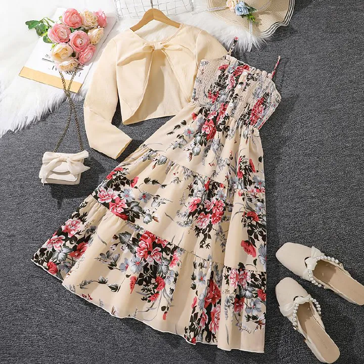 Women's Teenager's Suit Autumn New Sweet Floral Sling Dress Long Sleeve Coat Children's Wear Clothing Sets