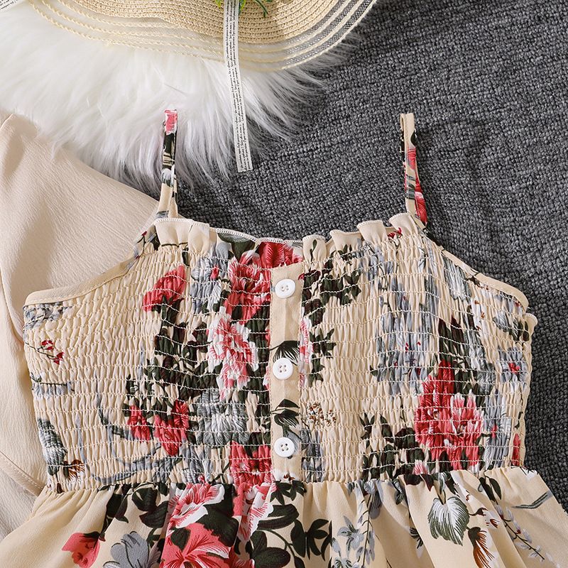 Women's Teenager's Suit Autumn New Sweet Floral Sling Dress Long Sleeve Coat Children's Wear Clothing Sets
