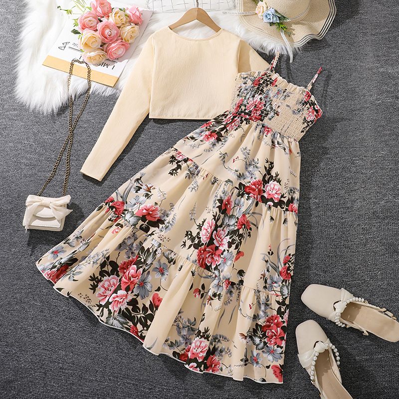 Women's Teenager's Suit Autumn New Sweet Floral Sling Dress Long Sleeve Coat Children's Wear Clothing Sets