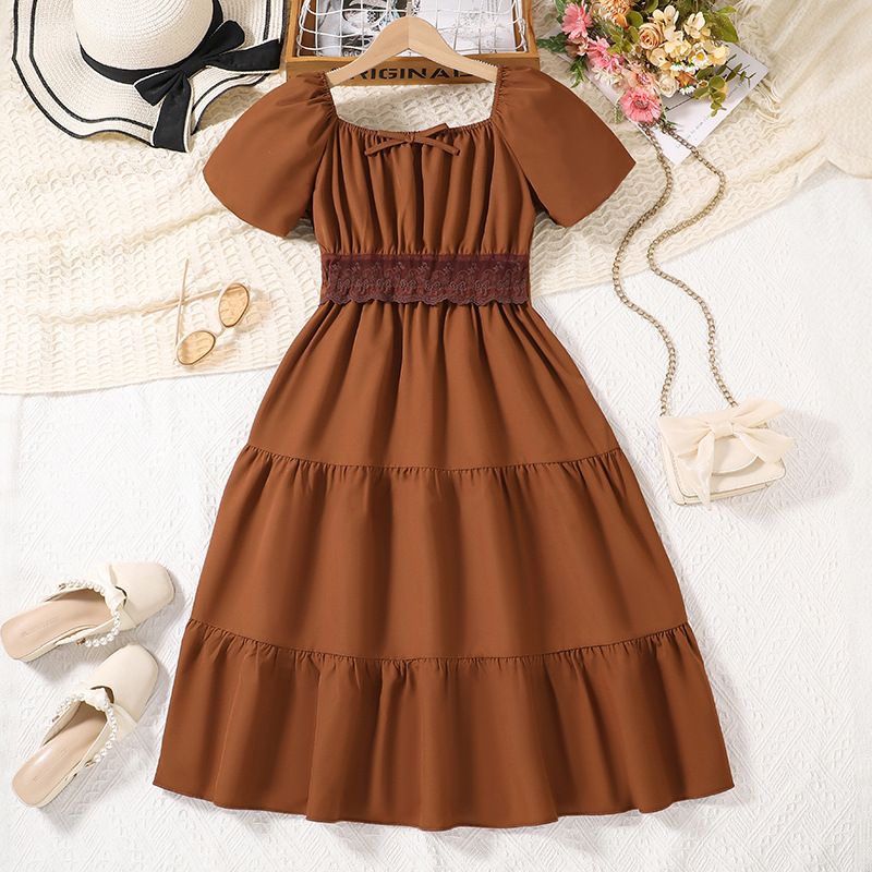 european Girls Dresses Ins New Summer Girls Dress For Children fashion teenager pure color dress